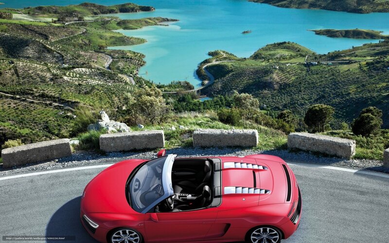 Red Convertible Car — Serene, Afternoon, Photograph, Lake, Hills