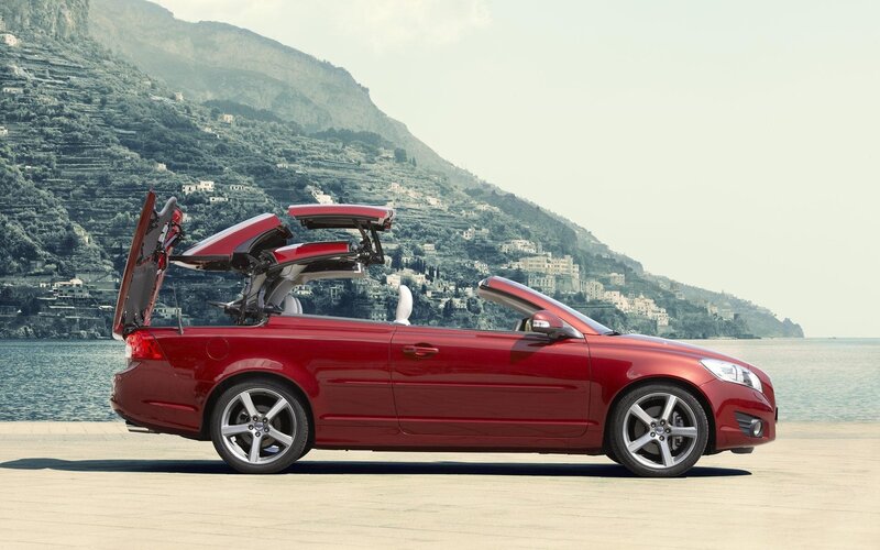 Red Convertible Car — Serene, Afternoon, Photograph, Mountain, Sea