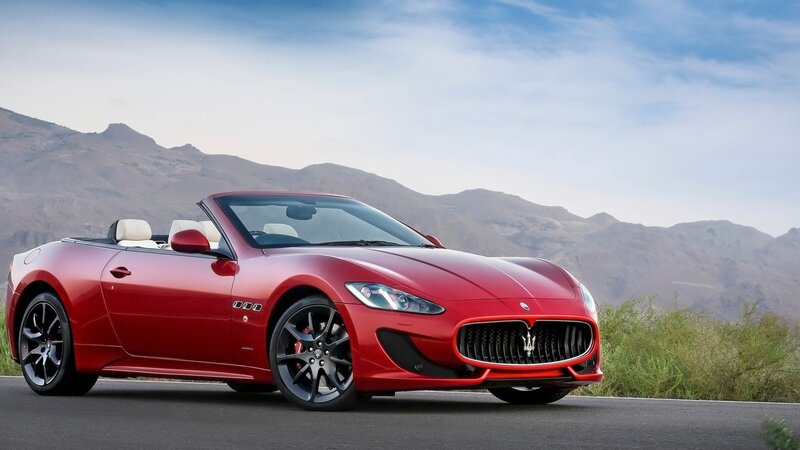 Red Convertible Car — Serene, Afternoon, Photograph, Mountains, Road, Sky