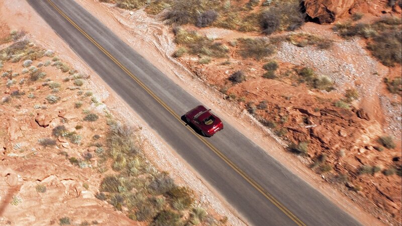 Red Convertible Car — Serene, Afternoon, Photograph, Road, Desert