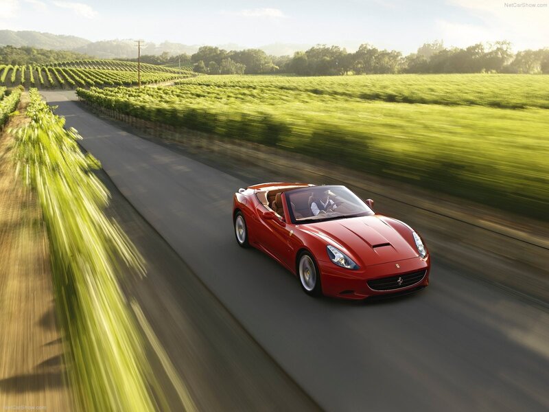 Red Convertible Car — Serene, Afternoon, Photograph, Road, Vineyard