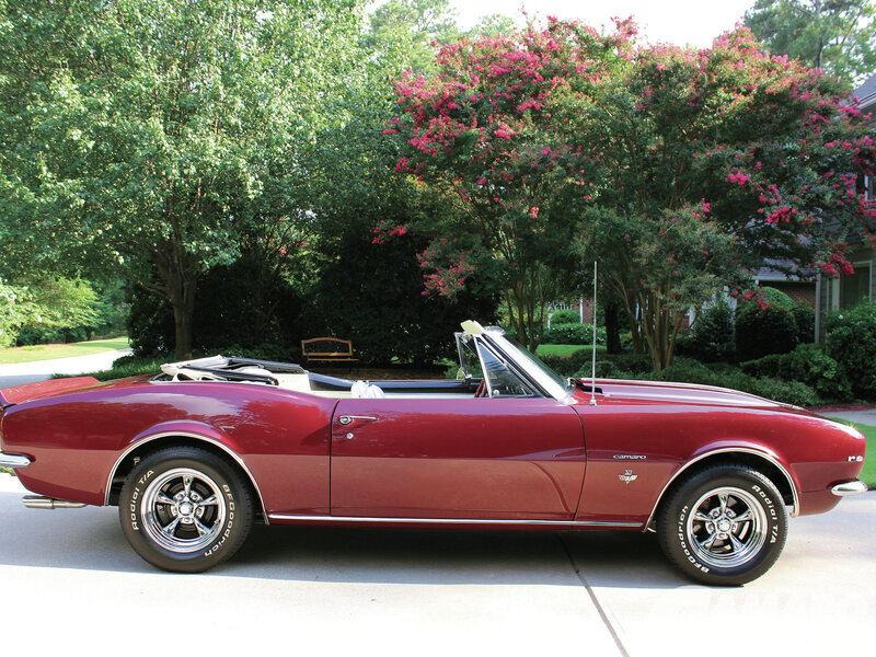 Red Convertible Car — Serene, Afternoon, Photograph, Trees, Bench
