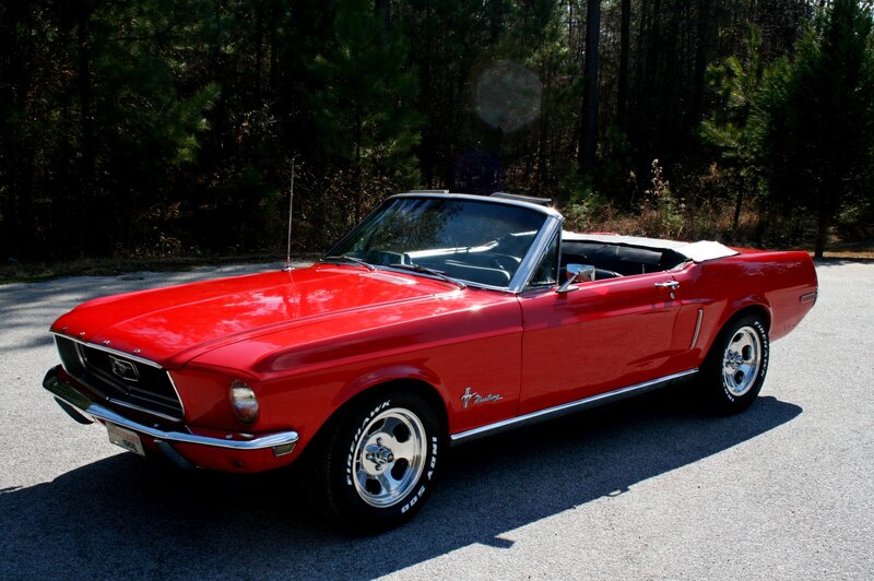 Red Convertible Car — Serene, Afternoon, Photograph, Trees, Road, Forest