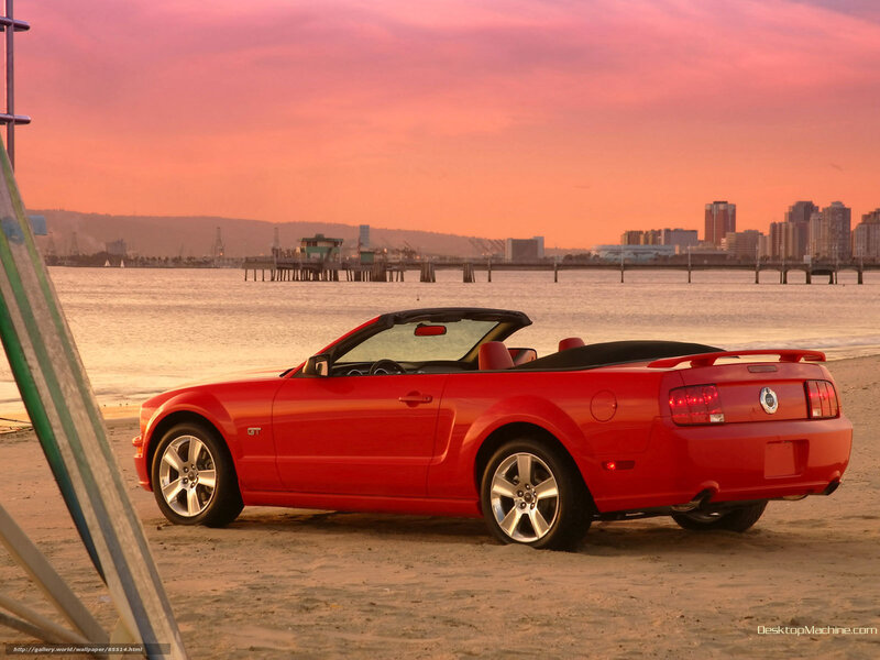 Red Convertible Car — Serene, Sunset, Photograph, Beach, City Skyline