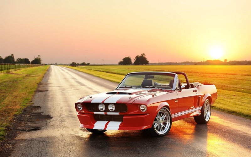 Red Convertible Car — Serene, Sunset, Photograph, Road, Field, Sun