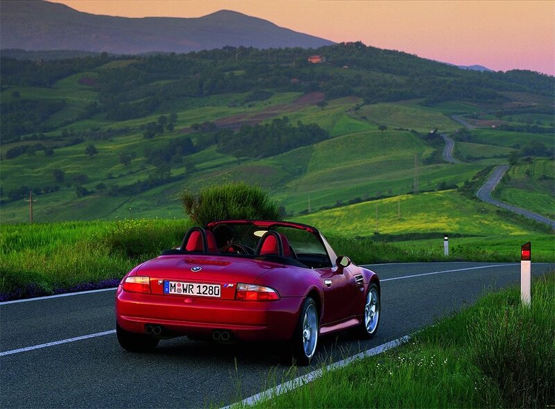 Red Convertible Car — Serene, Sunset, Photograph, Road, Hills