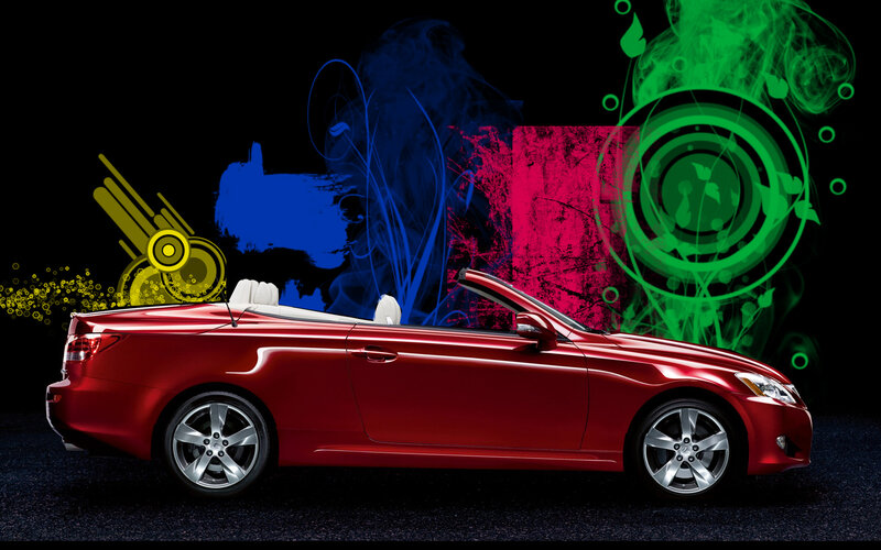 Red convertible car with colorful art