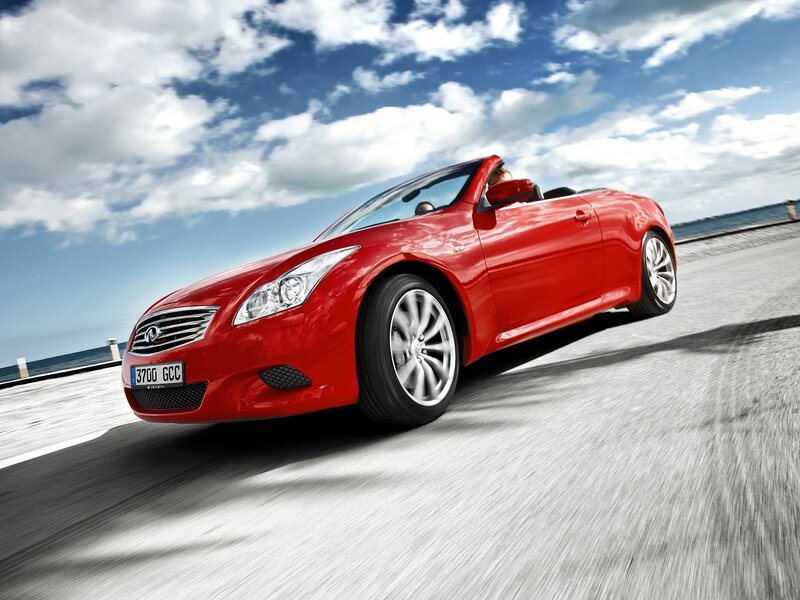 Red convertible driving on coastal road