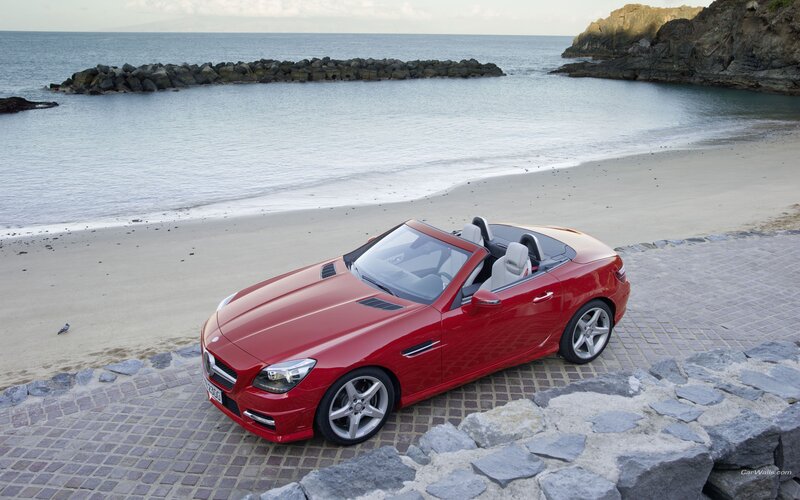 Red convertible on beach