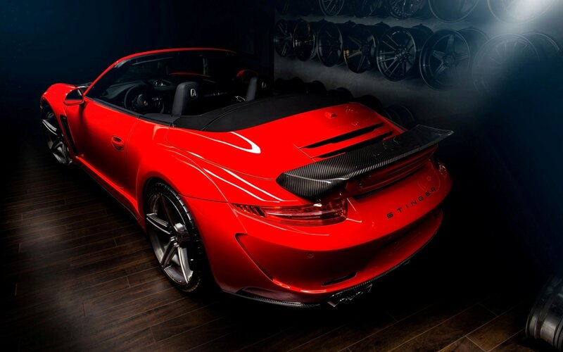 Red Convertible Sports Car — Dramatic, Photograph, Car Wheels, Wooden Floor
