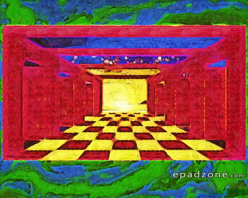 Red Corridor with Checkered Floor