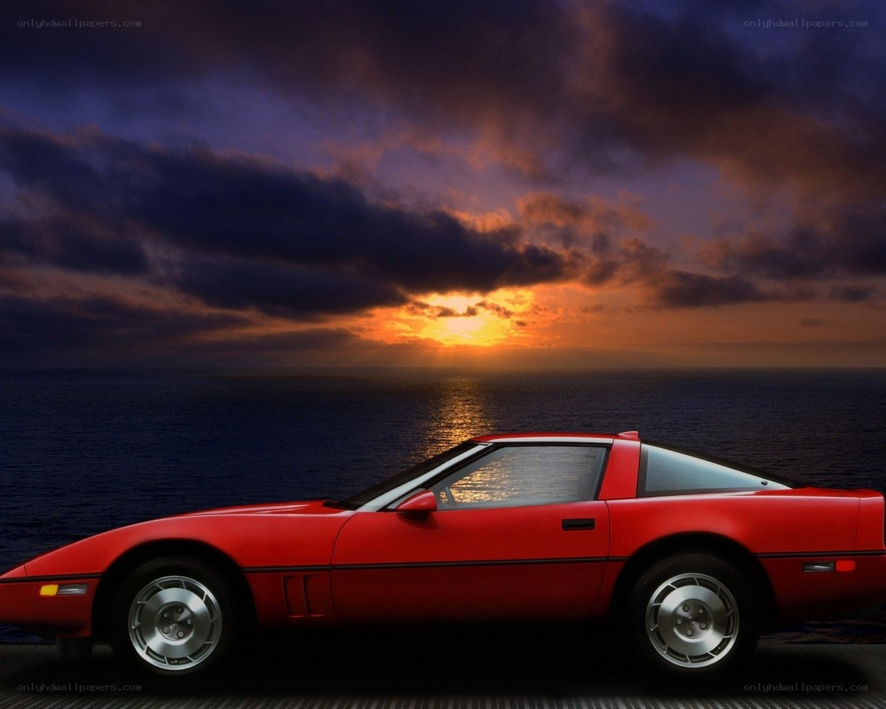 Red Corvette at sunset