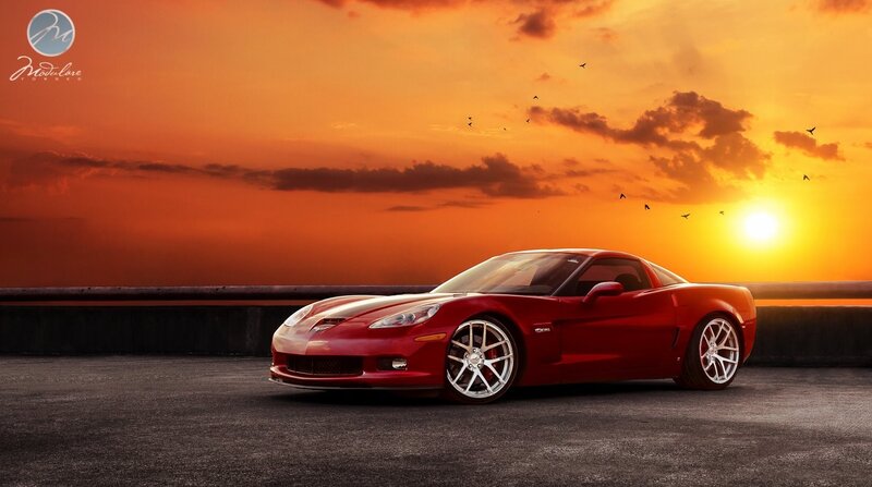Red Corvette at sunset