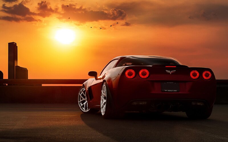 Red Corvette at Sunset — Orange, Dramatic, Photograph, Car