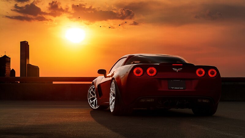 Red Corvette at Sunset — Orange, Dramatic