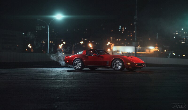 Red Corvette Car — Dramatic, Night, Photograph