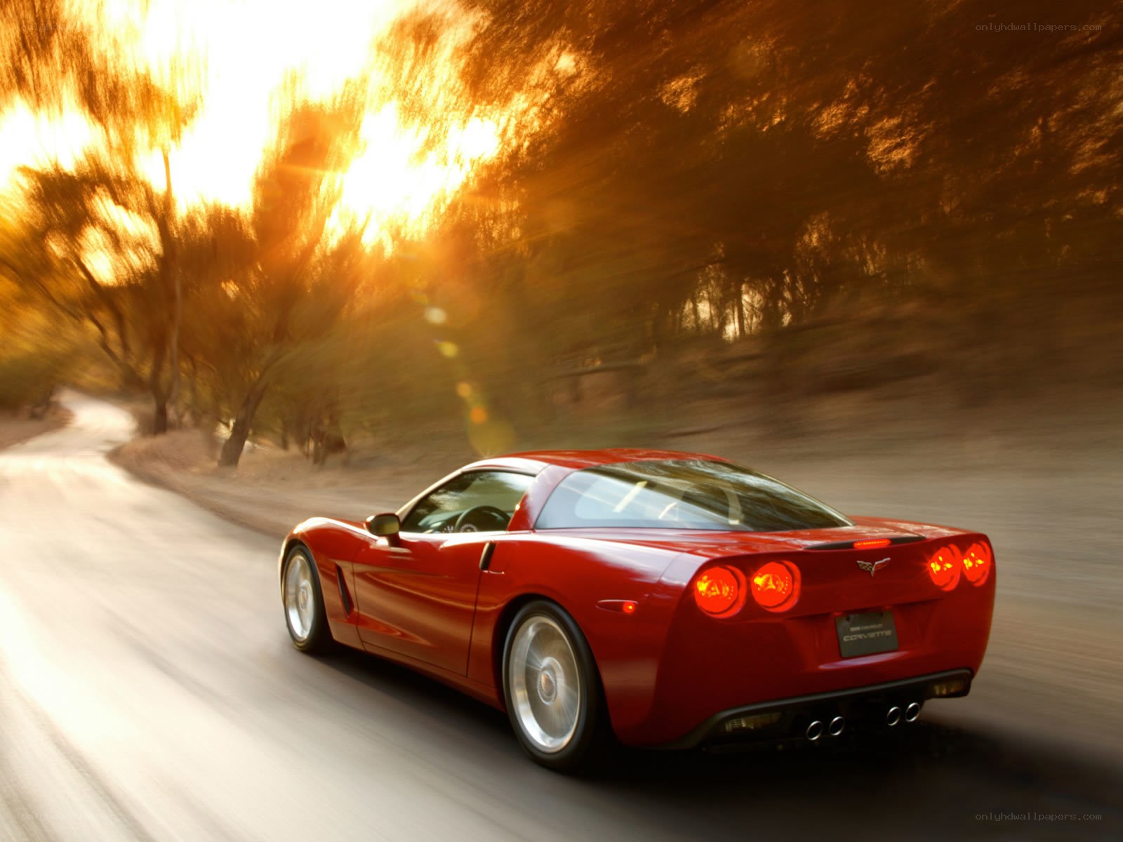 Red Corvette driving on a road