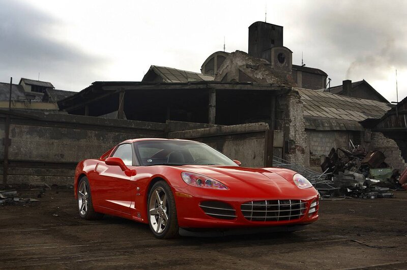 Red Corvette in industrial setting