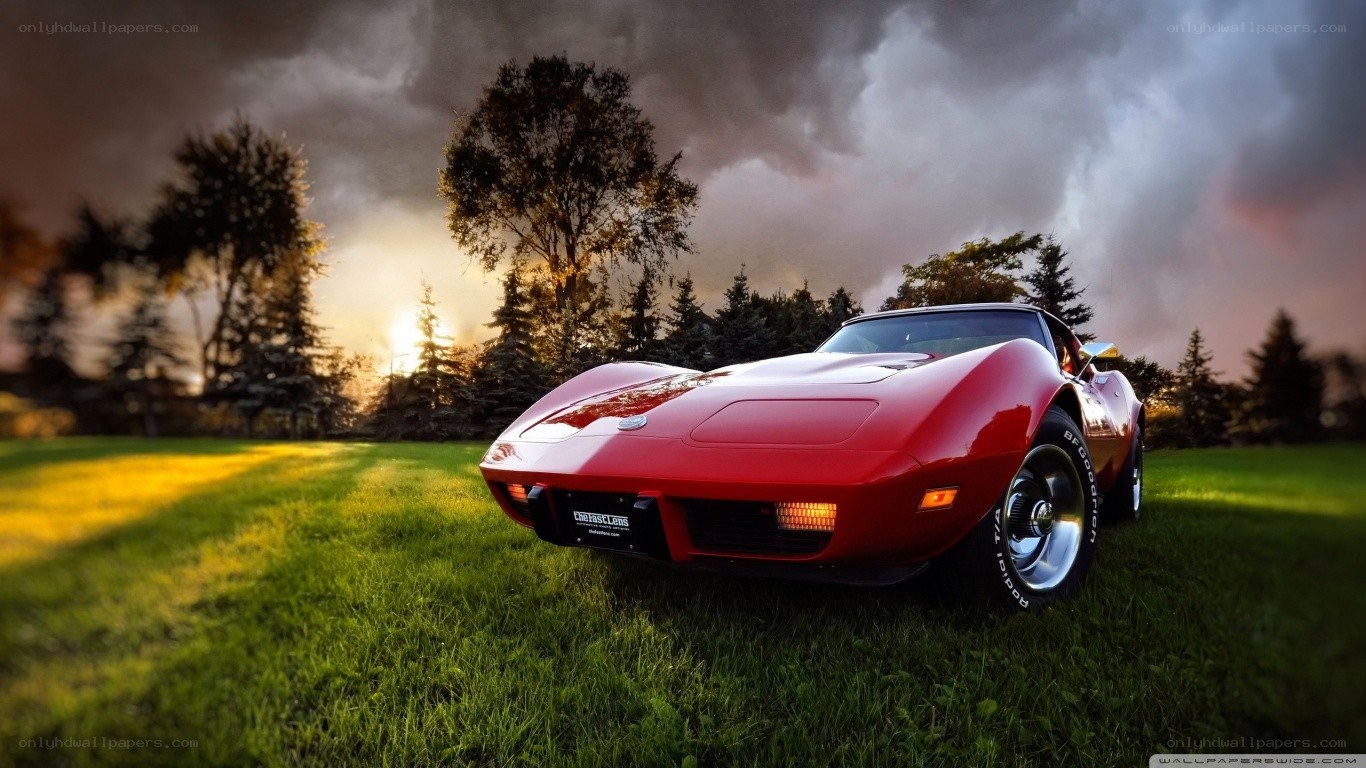 Red Corvette on a grassy field