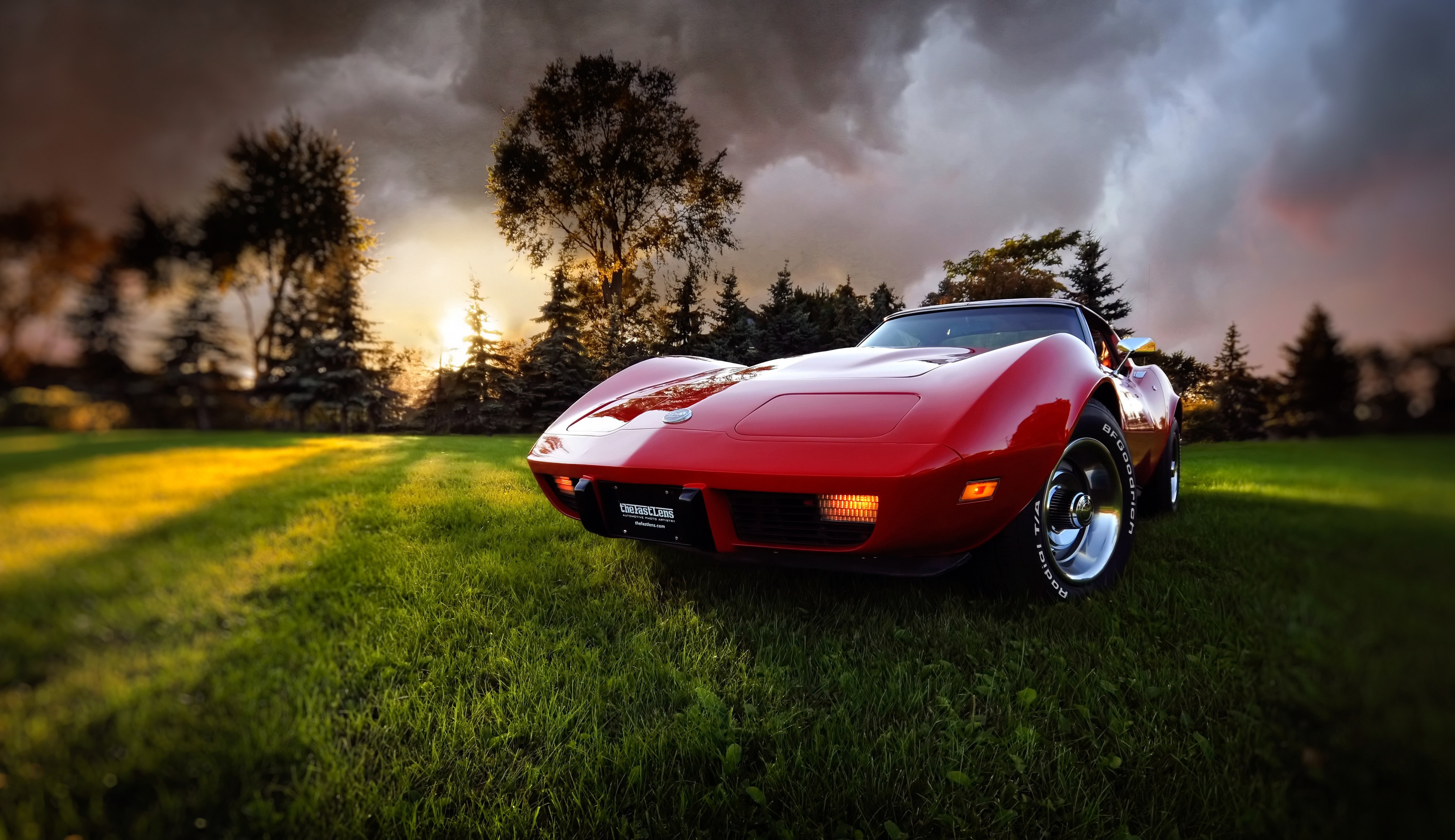Red Corvette on a grassy field