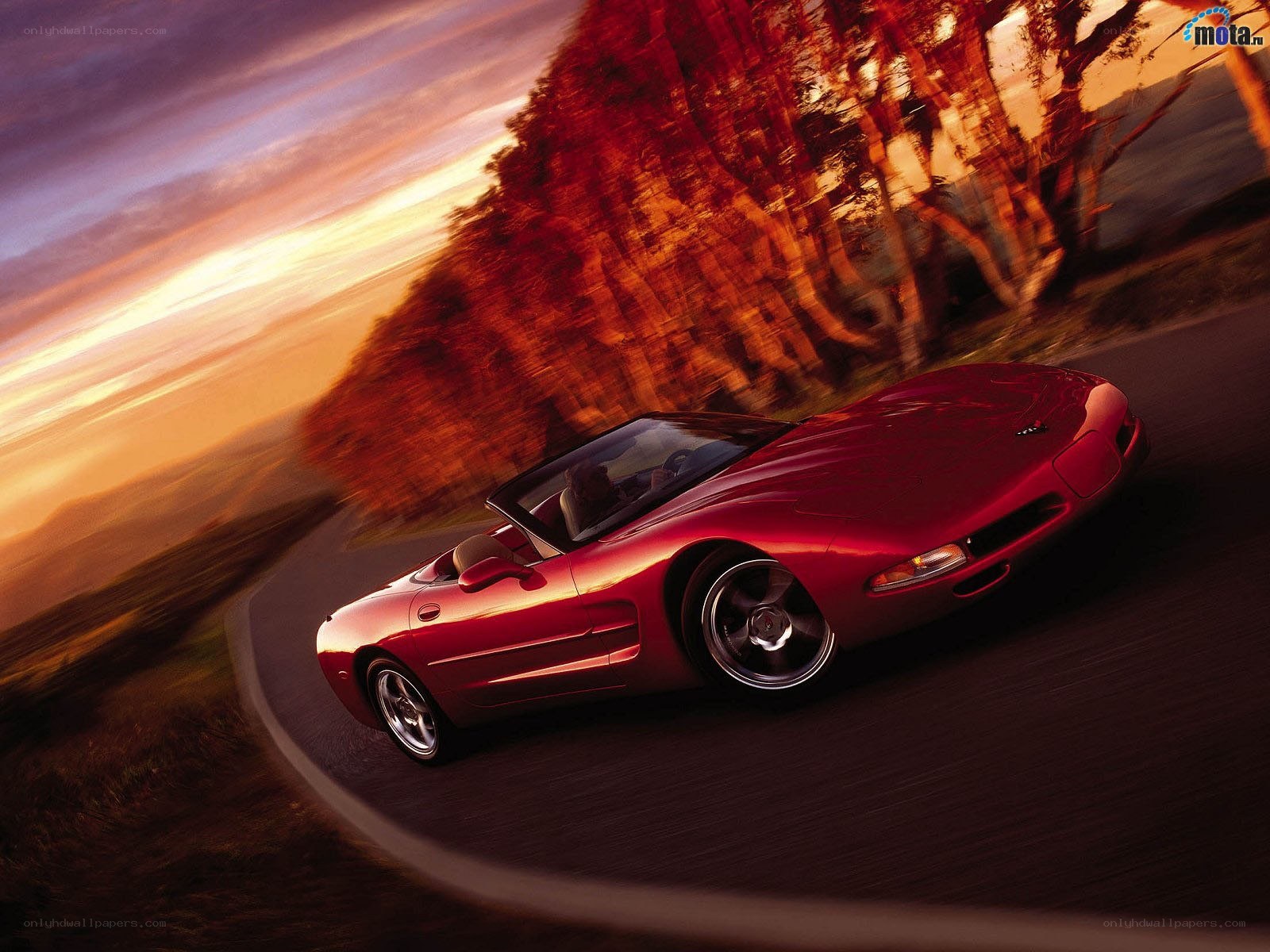 Red Corvette on a winding road