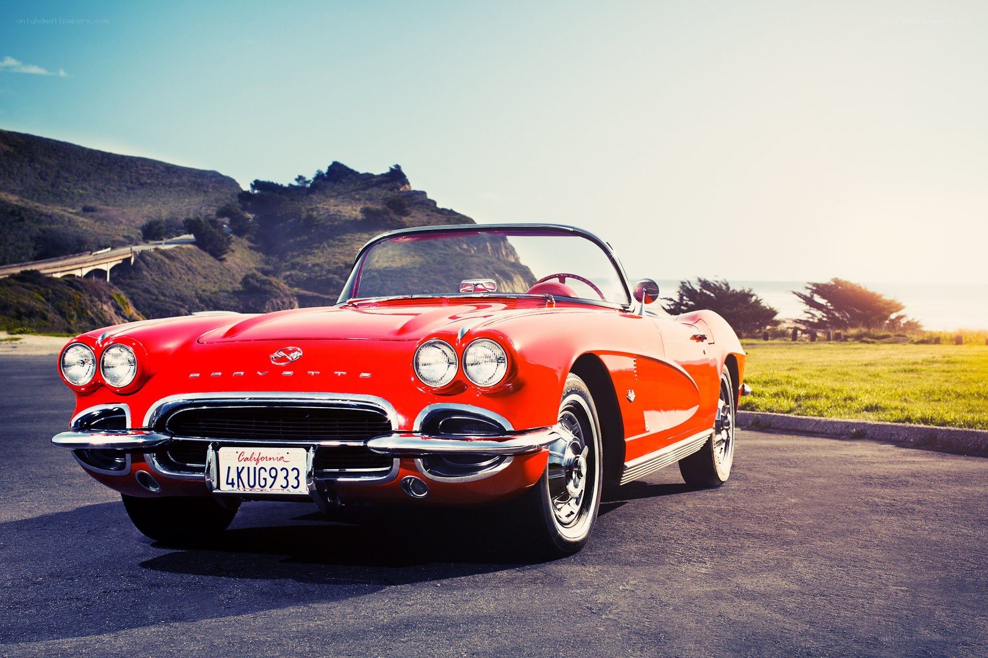 Red Corvette on coastal road