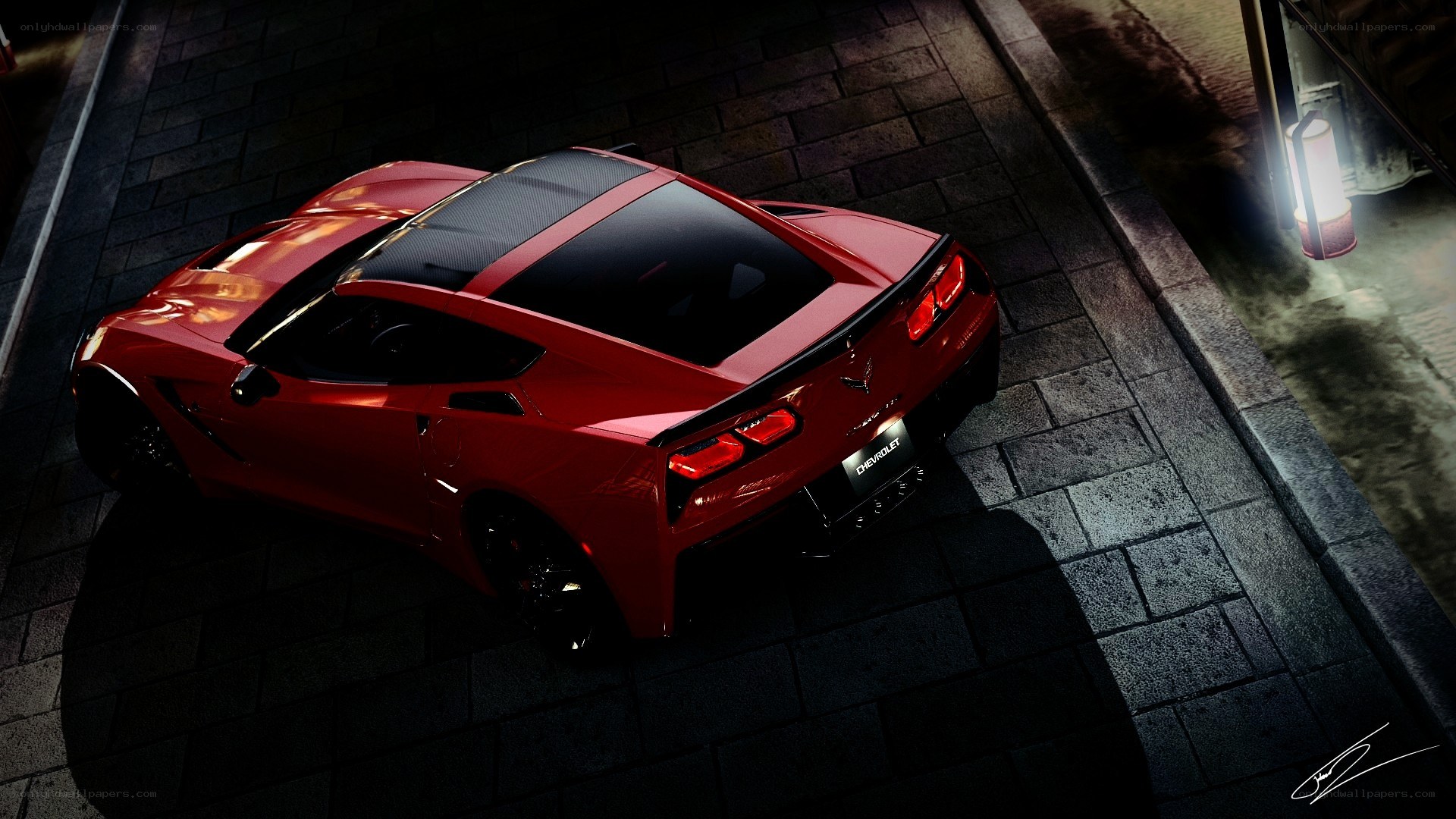 Red Corvette on cobblestone street