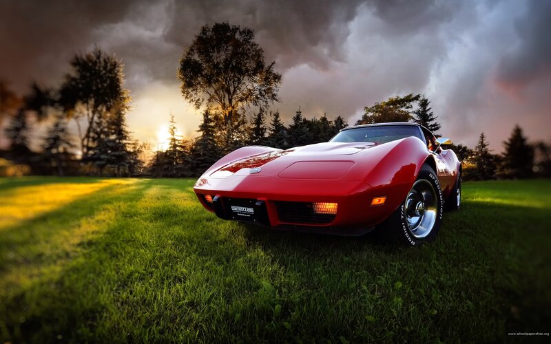 Red Corvette on Grass — Dramatic, Sunset