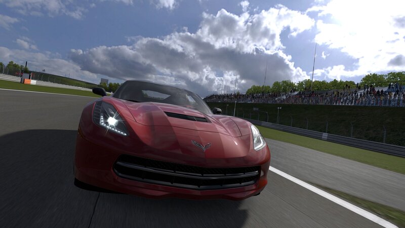 Red Corvette on Racetrack — Dynamic, Afternoon, 3d Render, Crowd