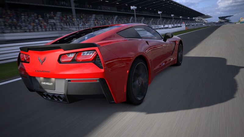 Red Corvette on Racetrack — Dynamic, Afternoon, 3d Render, Spectators