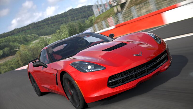 Red Corvette on Racetrack — Dynamic, Afternoon, 3d Render, Trees