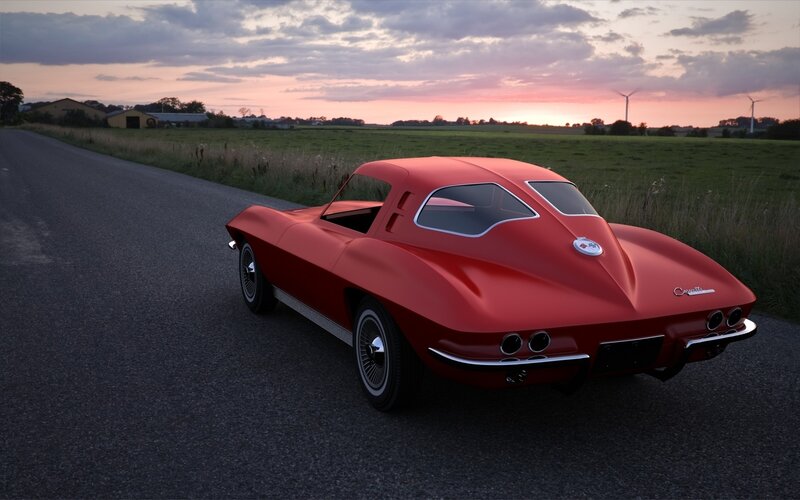 Red Corvette on Road — Serene, Sunset