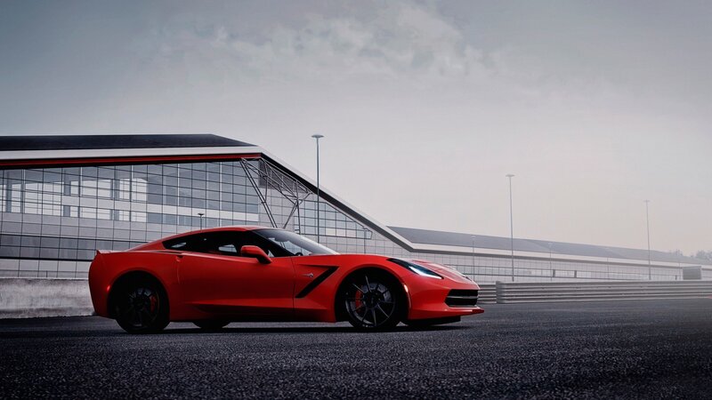 Red Corvette Sports Car — Dramatic, 3d Render, Race Track