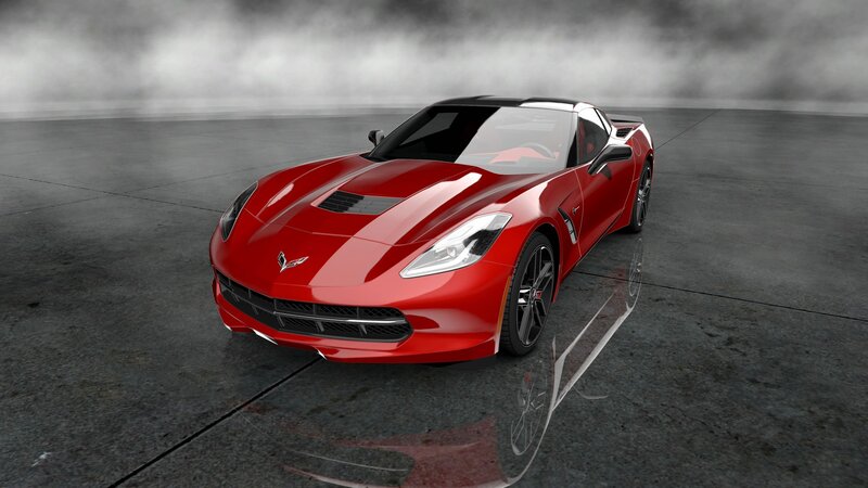 Red Corvette Sports Car — Dramatic, 3d Render, Smoke, Concrete