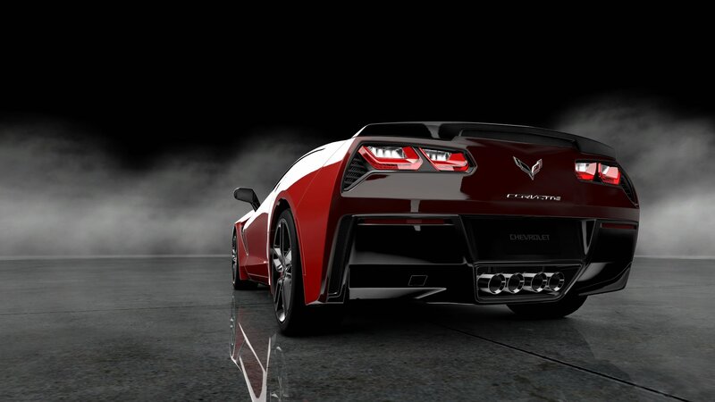Red Corvette Sports Car — Dramatic, 3d Render, Smoke, Exhaust Pipes, Rear View
