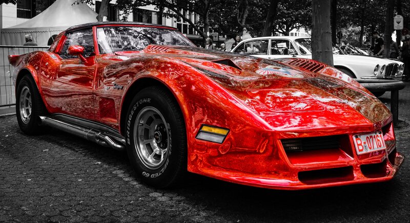 Red Corvette Sports Car — Dramatic, Afternoon, Photograph, White Car
