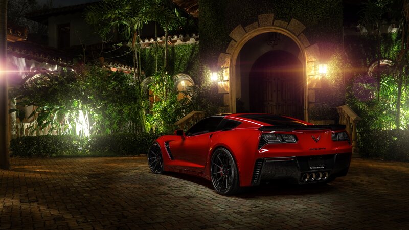 Red Corvette Sports Car — Dramatic, Night, Photograph, House, Palm Trees