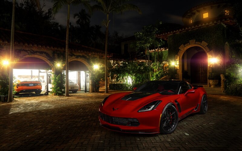 Red Corvette Sports Car — Dramatic, Night, Photograph