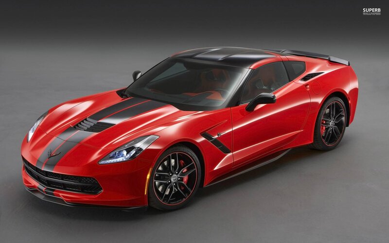Red Corvette Sports Car — Dramatic, Photograph, Black Stripes, Black Wheels
