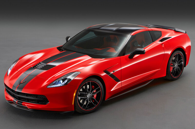 Red Corvette Sports Car — Dramatic, Photograph, Black Stripes