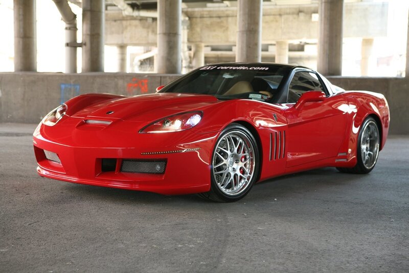 Red Corvette Sports Car — Dramatic, Photograph, Concrete Pillars