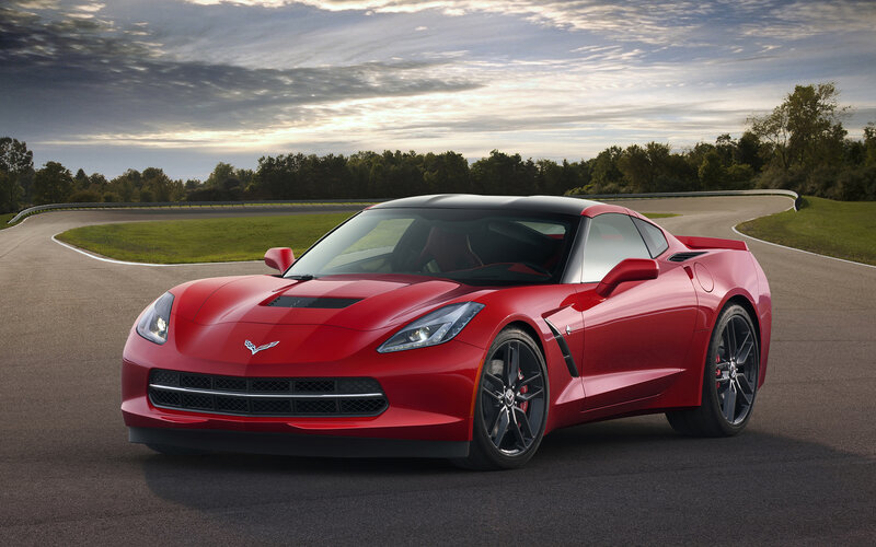 Red Corvette Sports Car — Dramatic, Sunset, Photograph, Race Track, Trees, Sky