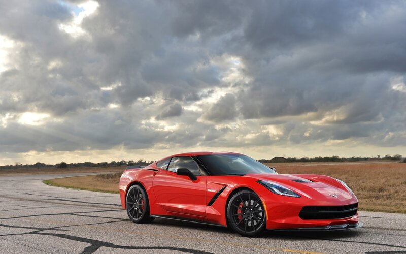 Red Corvette Sports Car — Dramatic, Sunset, Photograph, Road, Clouds