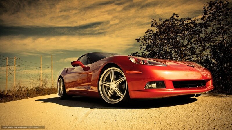 Red Corvette Sports Car — Dramatic, Sunset, Photograph, Road, Trees, Power Lines