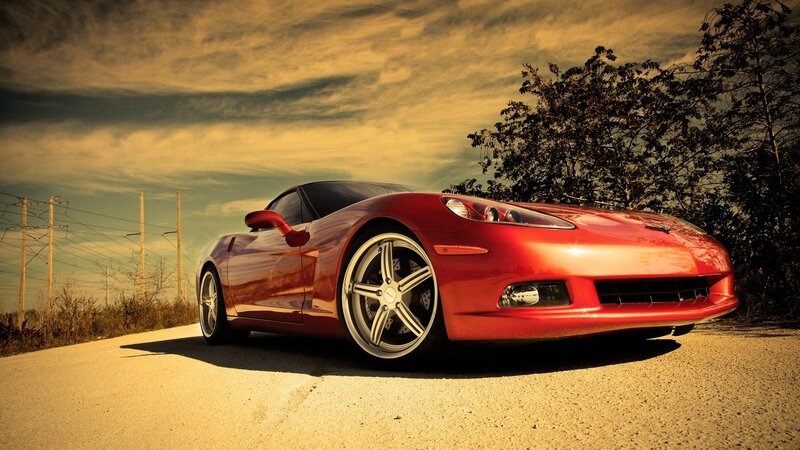 Red Corvette Sports Car — Dramatic, Sunset, Photograph, Road, Trees
