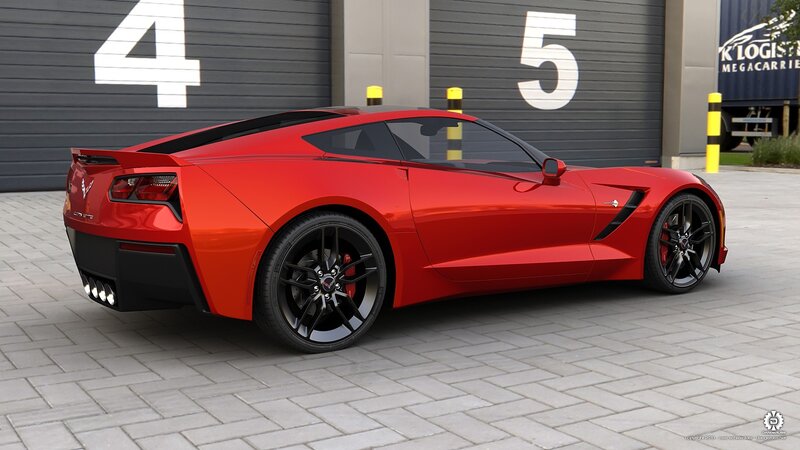 Red Corvette Sports Car — Neutral, Afternoon, 3d Render, Garage Doors