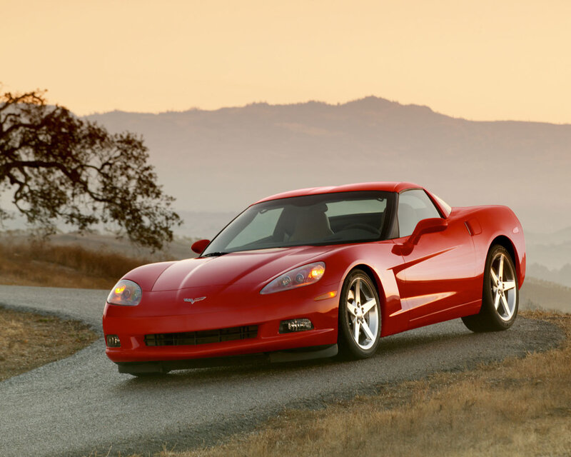 Red Corvette Sports Car — Serene, Sunset, Photograph, Road, Tree