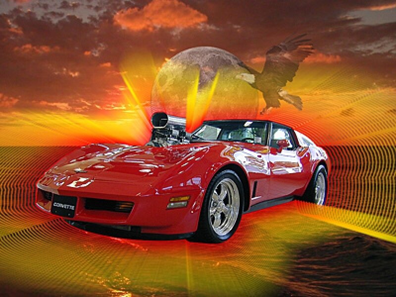 Red Corvette with eagle and moon