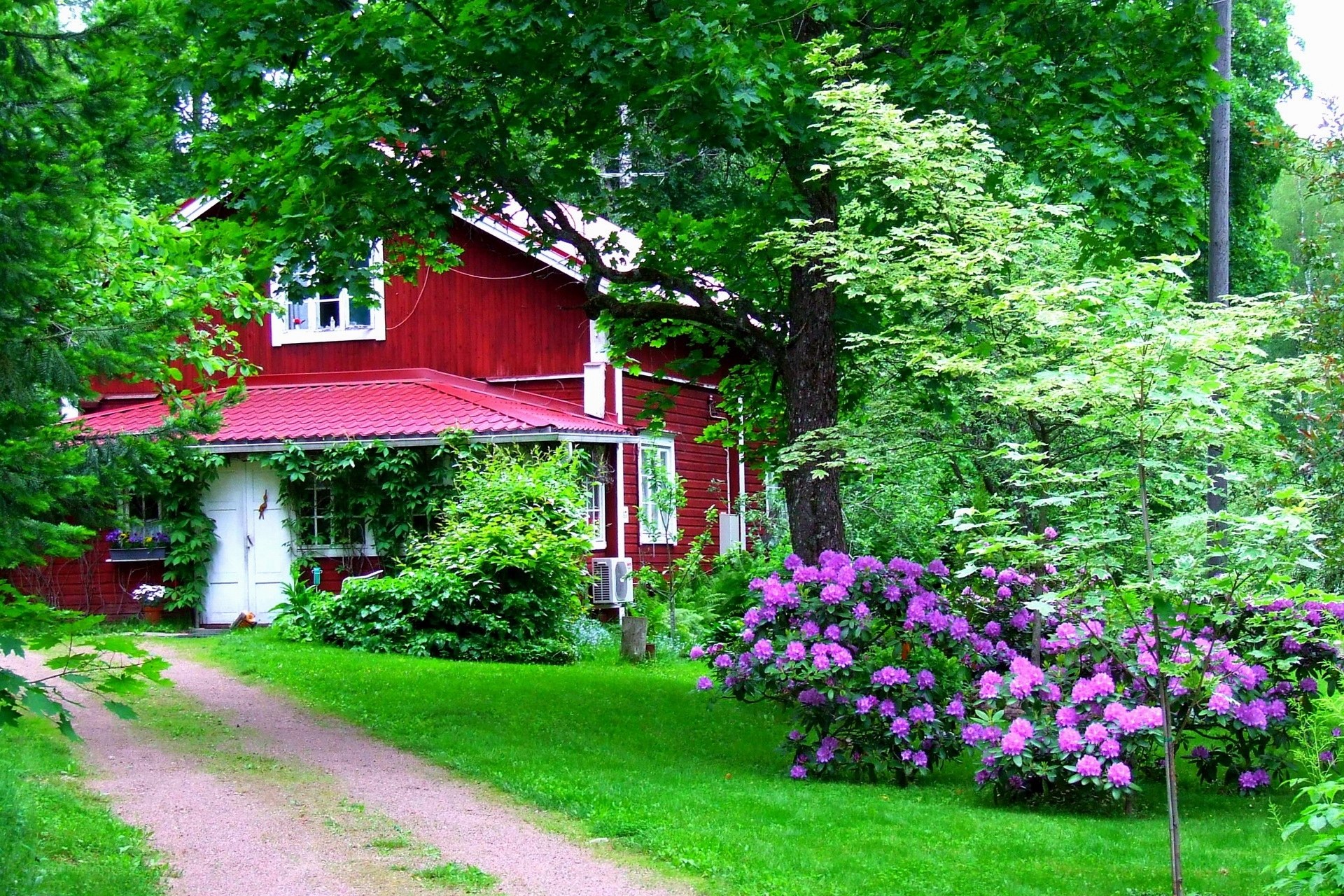 Red cottage in green garden