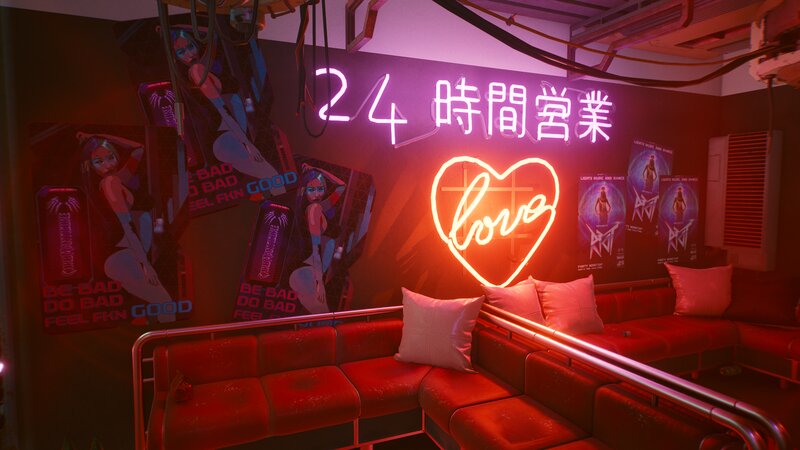 Red Couch in Neon-lit Room